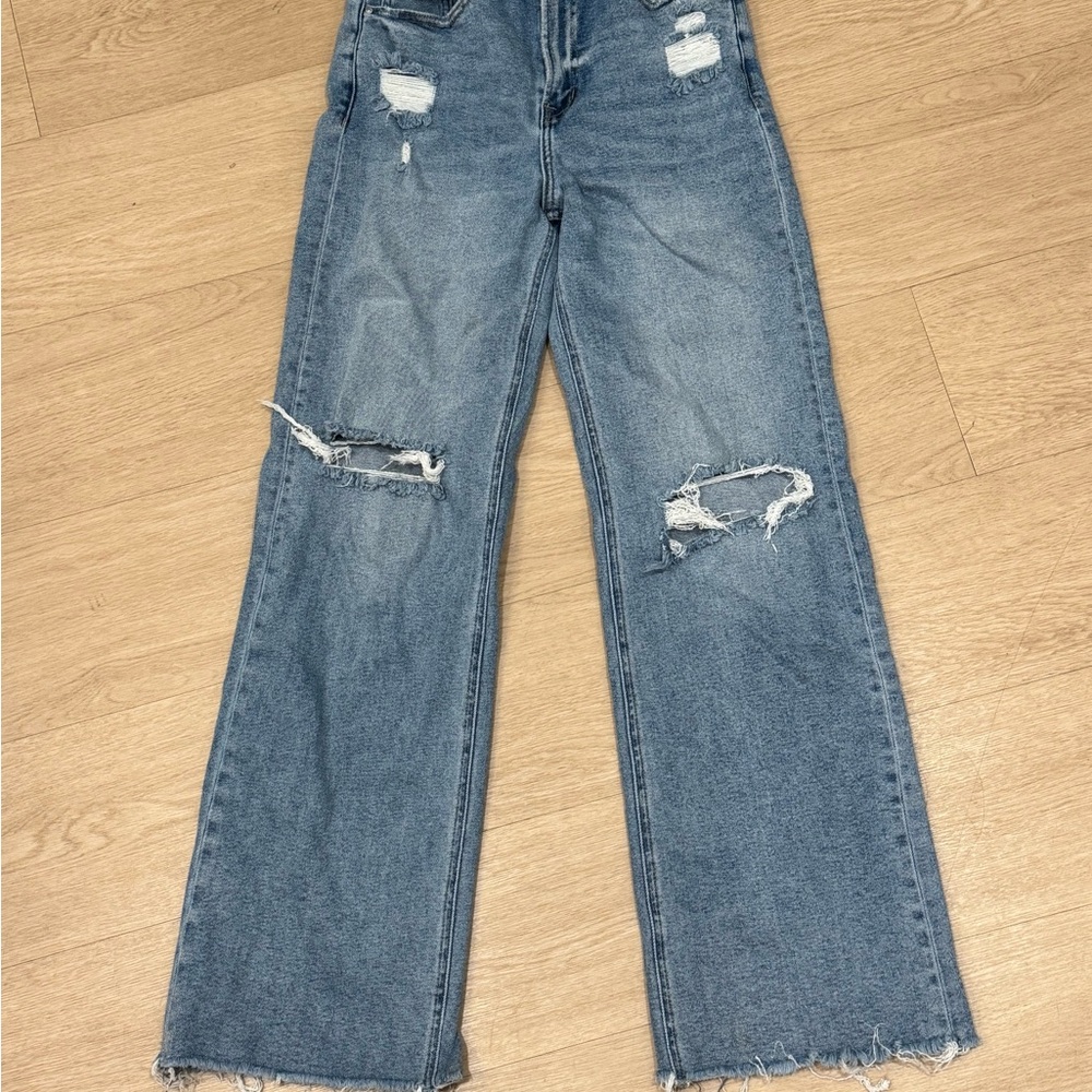 Mica Los Angeles Distressed High-Rise Wide Leg Jeans - Light Blue